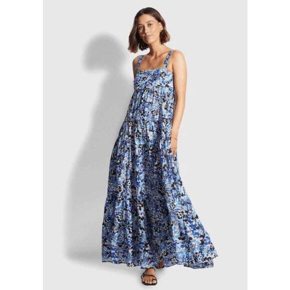 NWOT Anthropologie SeaFolly Australia Thrift Shop Tiered Blue Maxi Dress M - Picture 1 of 12